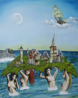 nackte Frauen badend im Meer mit Märchenschloss im Hintergrundaden